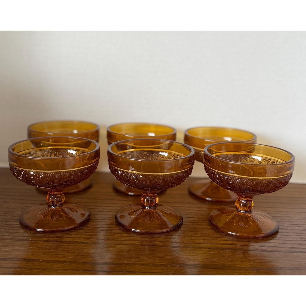 Tiara‎ Indiana Glass Amber Sandwich Pattern Low Sherbet Cups Set of 6